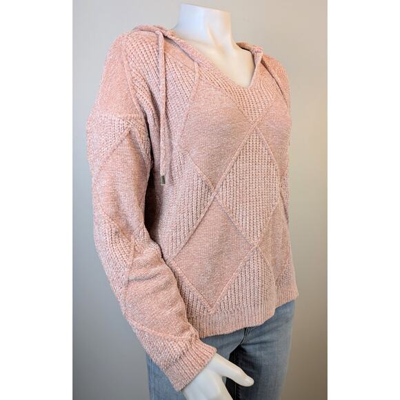 NEW Cynthia Rowley Sweater Hoodie Large Pink Chenille Textured Diamond Knit Soft - Picture 2 of 9